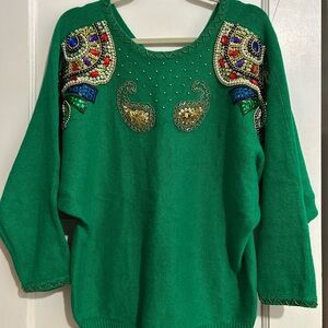 Embellished Green Sweater - Crew Neck